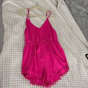 Vibrant Pink Romper with Pom Pom Trim sabo skirt